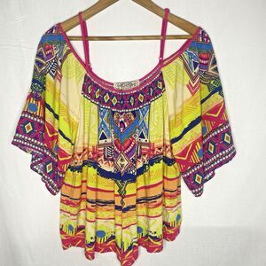 Anthropologie FLYING TOMATO Blouse Cold Shoulder Short Sleeve Aztec Womens M